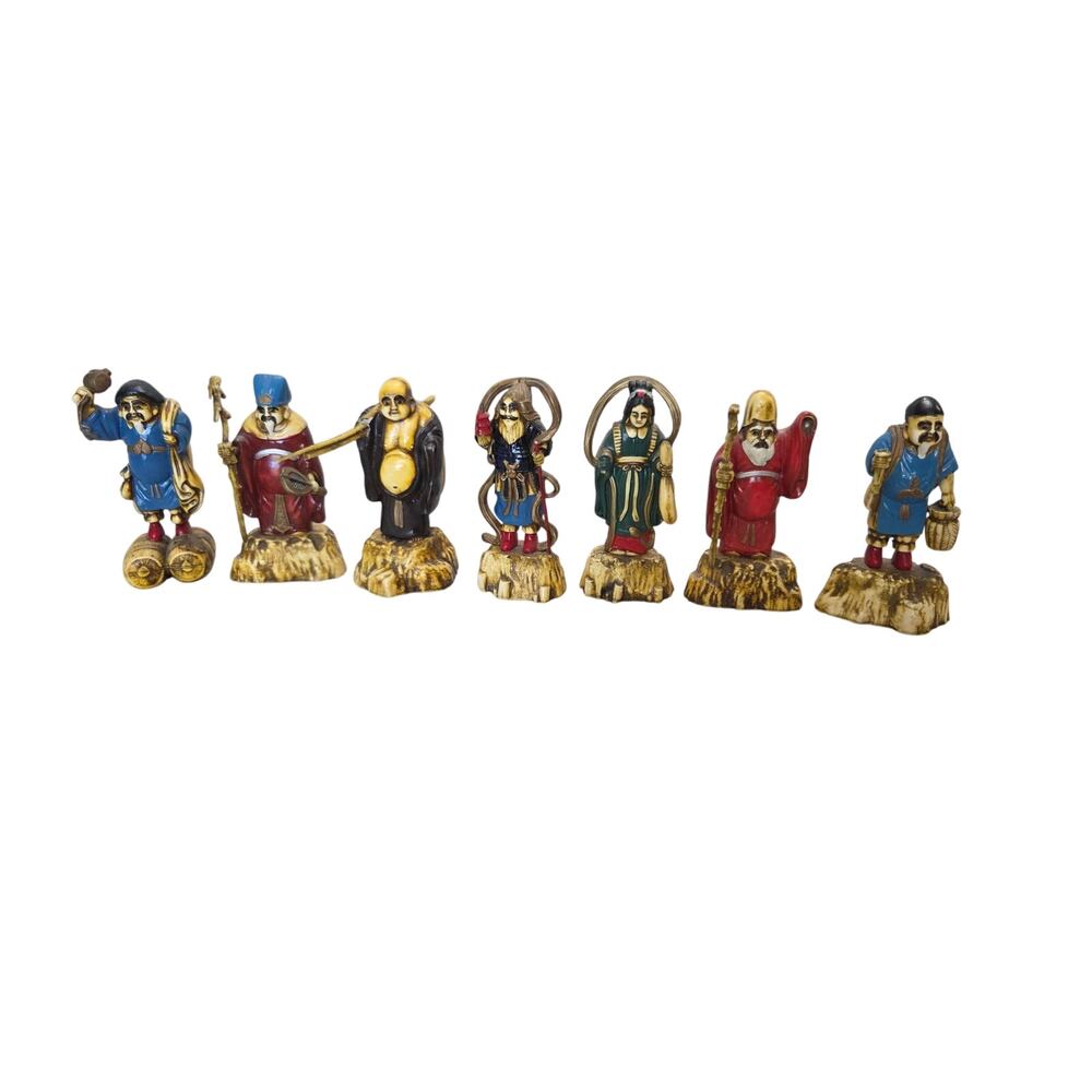 Lot 7 Gods of Good Fortune Antique Celluloid Japanese MCM Numbered